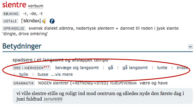 "Ord i nærheden" for verbet slentre, kort visning